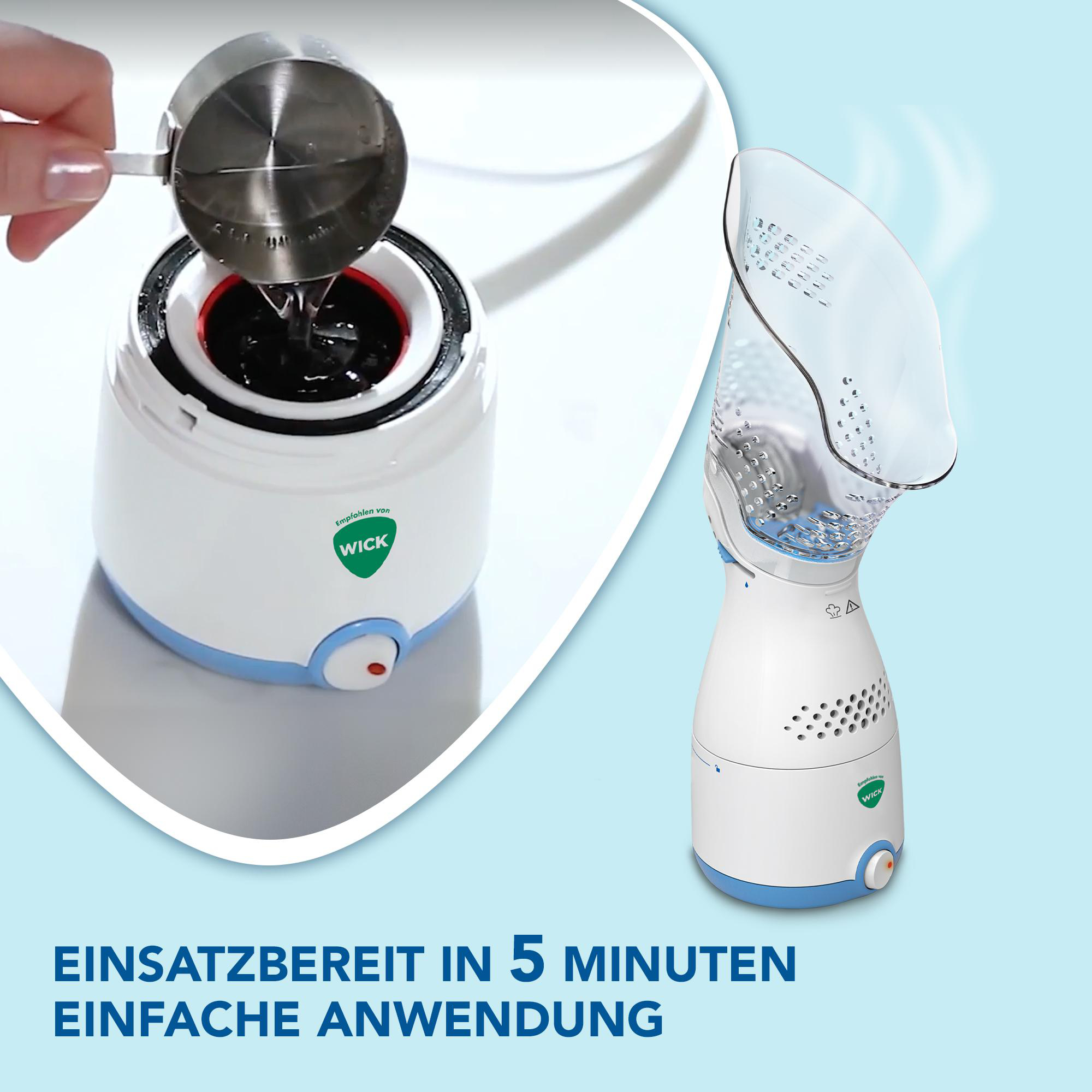 Eine Hand gießt Flüssigkeit in einen weiß-blauen Verdampfer. Text: „Einsatzbereit in 5 Minuten“.