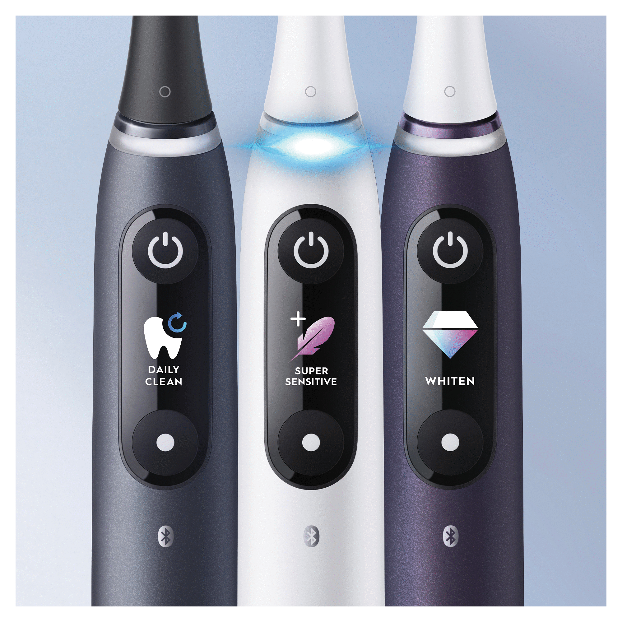 Three electric toothbrushes with different cleaning modes and colored lights.