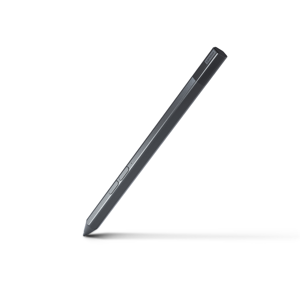 Un lápiz óptico gris con el logo de Lenovo sobre fondo negro.