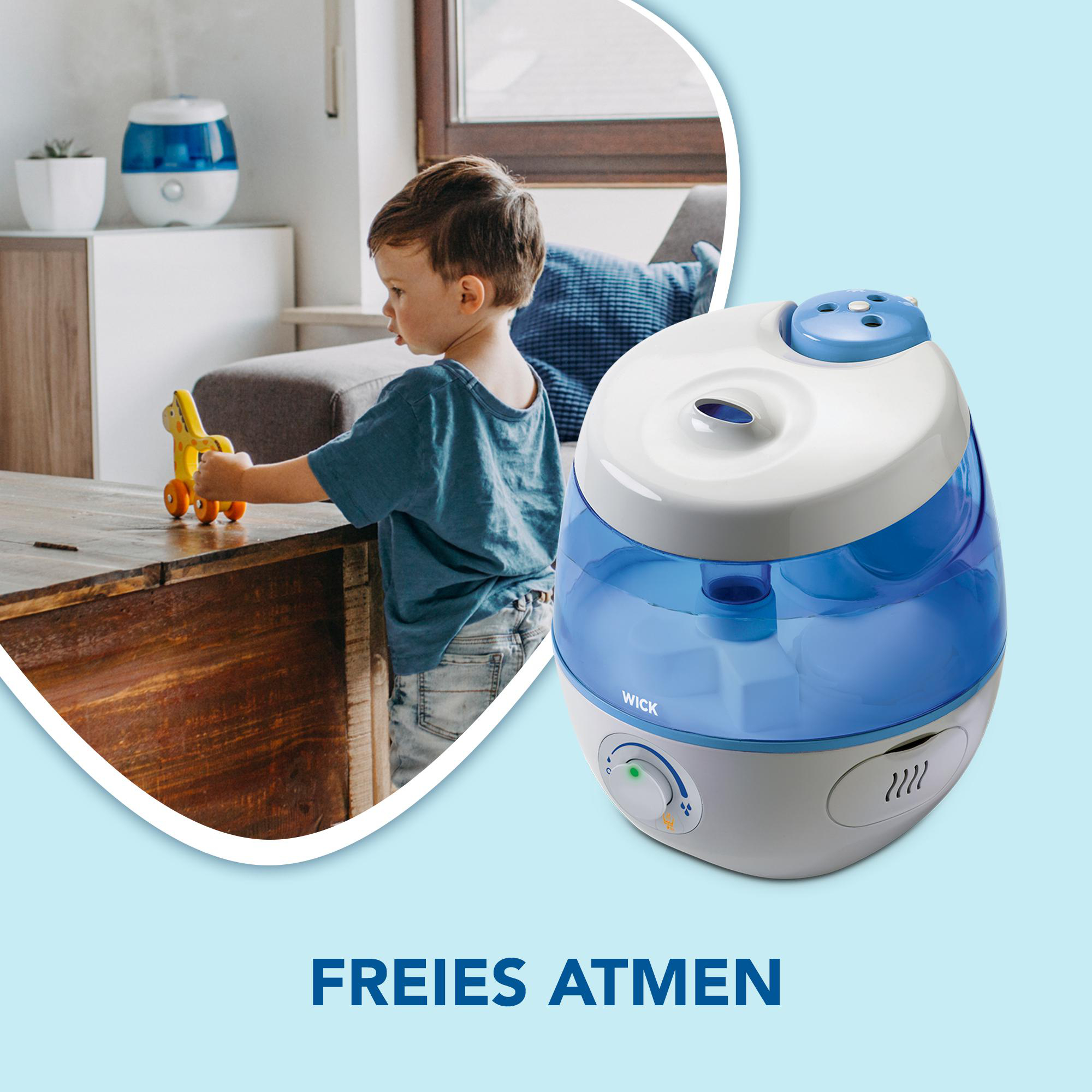 Ein Junge und ein Luftbefeuchter mit Text. Blauer Hintergrund.