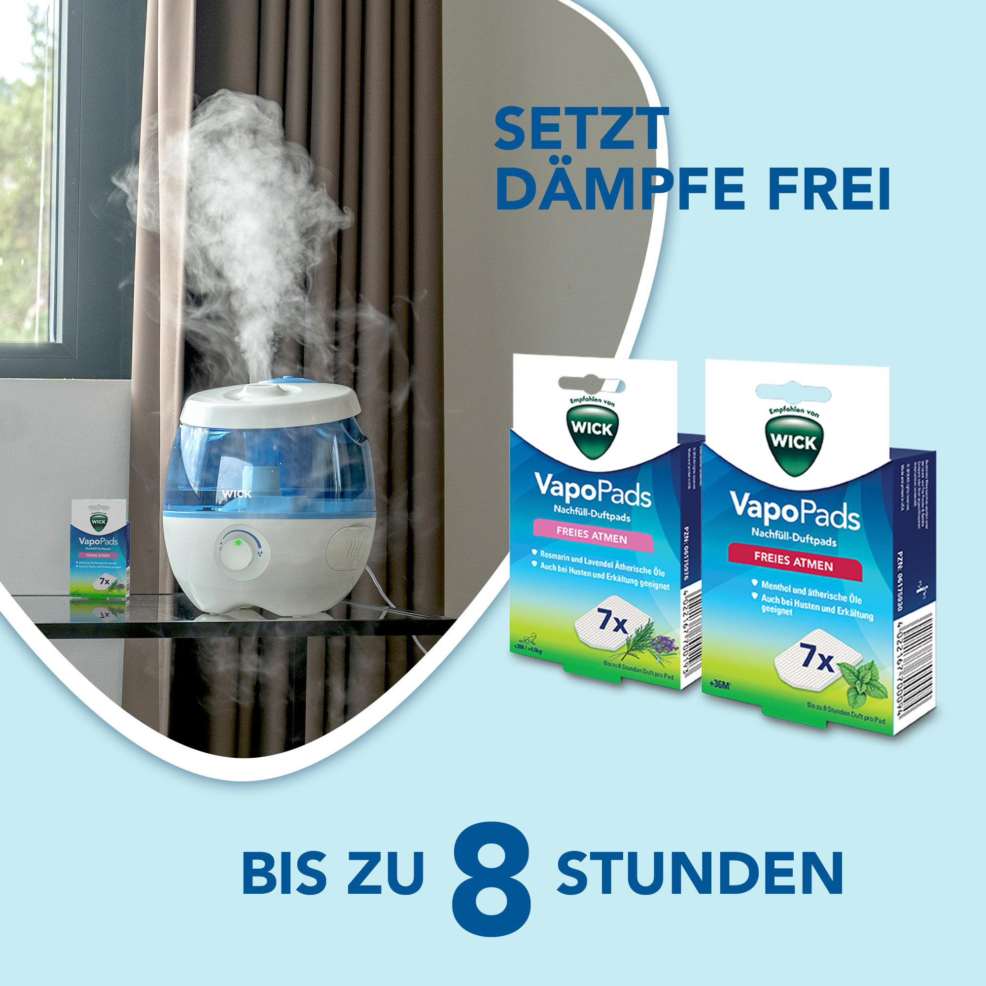 Ein Luftbefeuchter mit einer VapoPads-Box und einer Produktanzeige, die die Produktmerkmale zeigt.