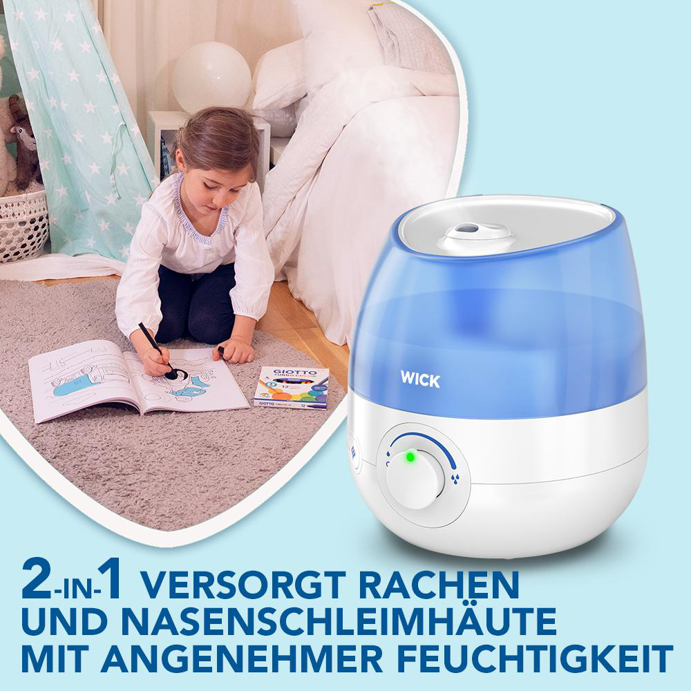 Ein Luftbefeuchter mit Kind und Text: 2-in-1, sorgt für Hals- und Nasenfeuchtigkeit.