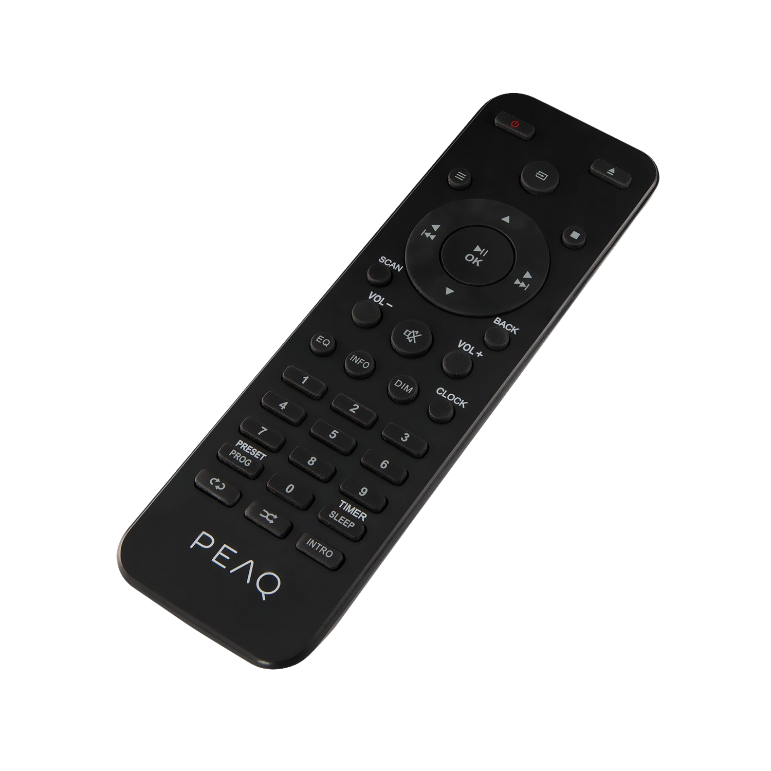 Black remote control with buttons on a black surface.