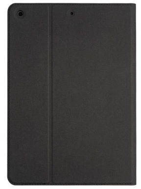Black tablet case. It is closed and has a simple design.