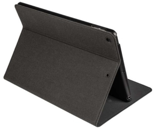 Black tablet case, open and propped up. The tablet is visible inside the case.
