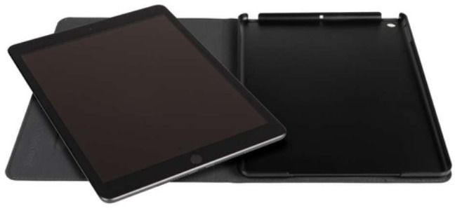 A black tablet inside a black case, partially opened, showing the screen and case interior.