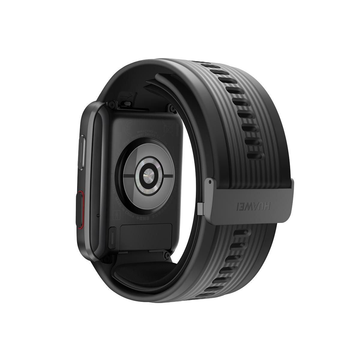 Eine schwarze Smartwatch mit schwarzem Armband, Rückseite gezeigt.