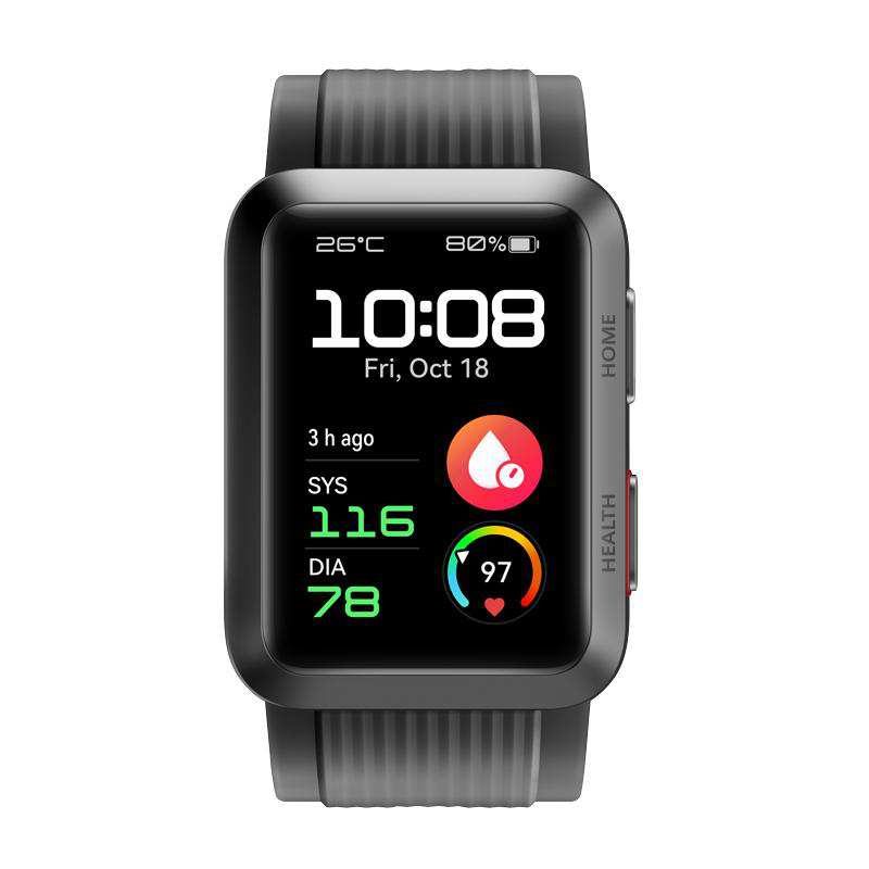 Smartwatch mit Bildschirm, der Zeit, Herzfrequenz und Aktivitätsdaten anzeigt. Schwarzes Armband und Gehäuse.
