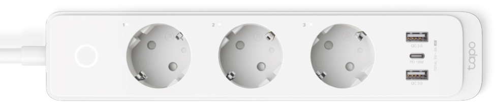 TP LINK túlfeszültségvédő hosszabbító 3 aljzattal, 2xUSB-A, 1xUSB-C, Wi-Fi, fehér (Tapo P300)