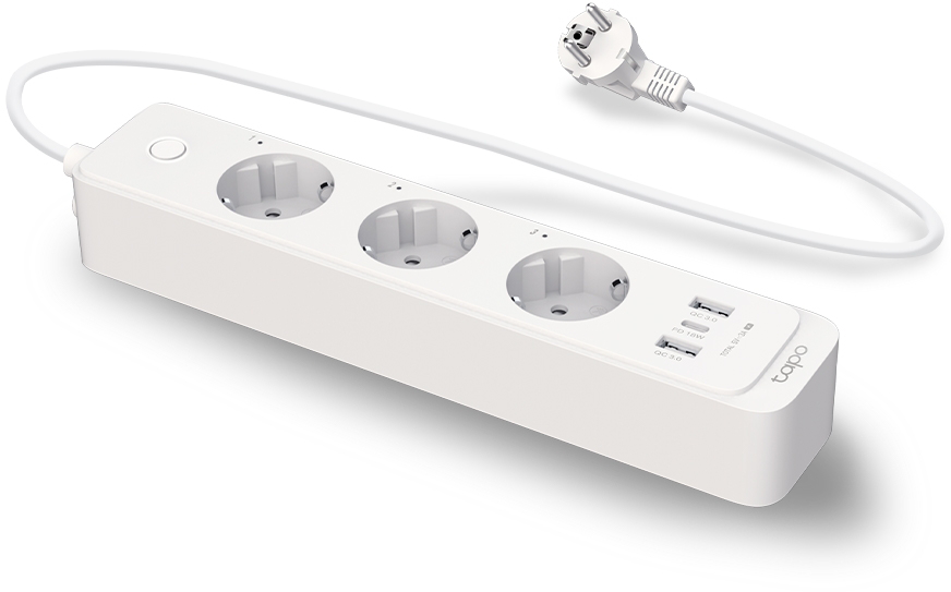 Fehér elosztó három aljzattal és két USB-porttal. Fehér kábel és dugó csatlakozik.