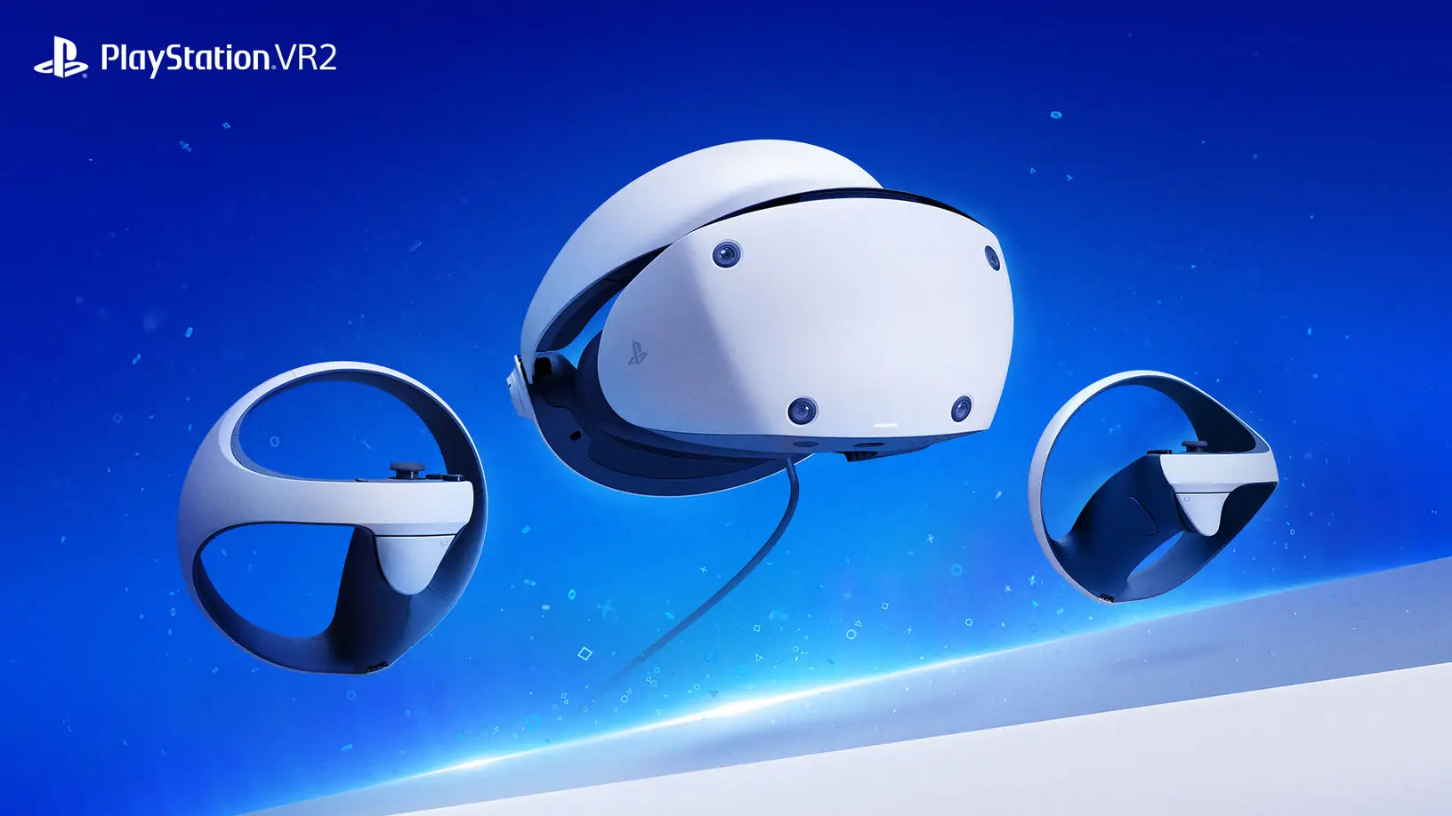 PlayStation VR2 Headset und Controller auf blauem Hintergrund.