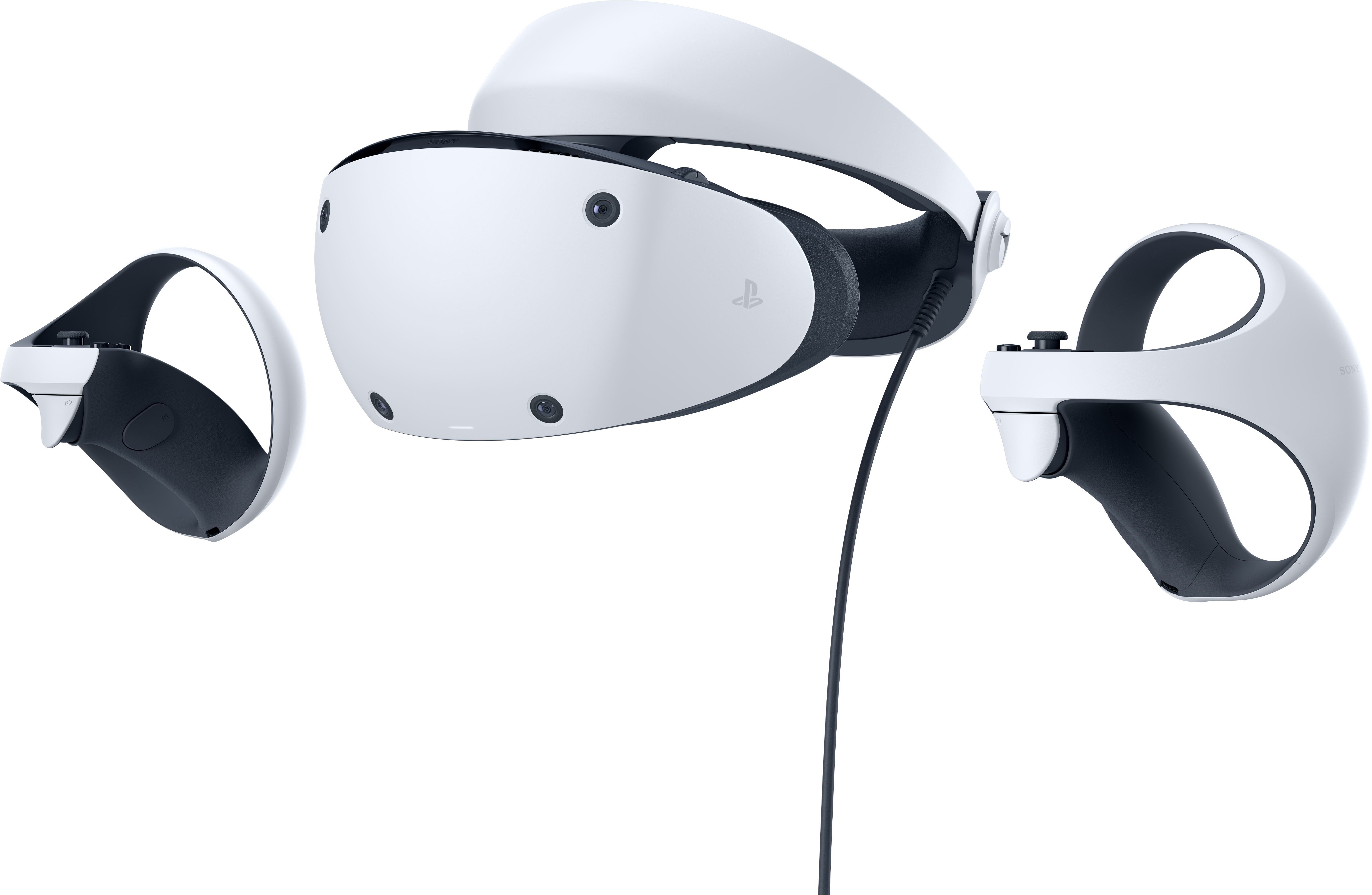 Weißes VR-Headset mit Controllern auf schwarzem Hintergrund.