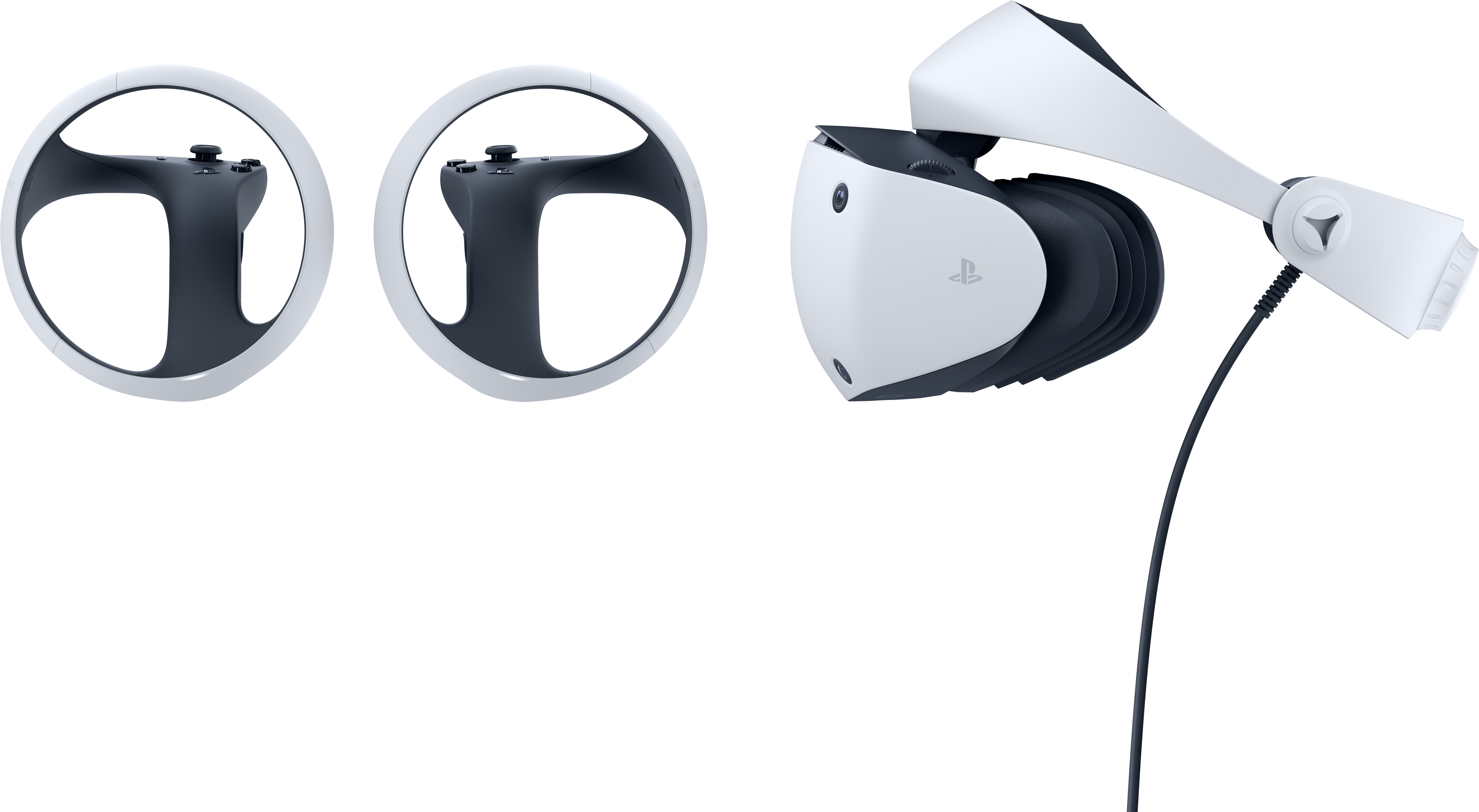 PlayStation VR2 Set mit zwei Controllern und VR-Headset.