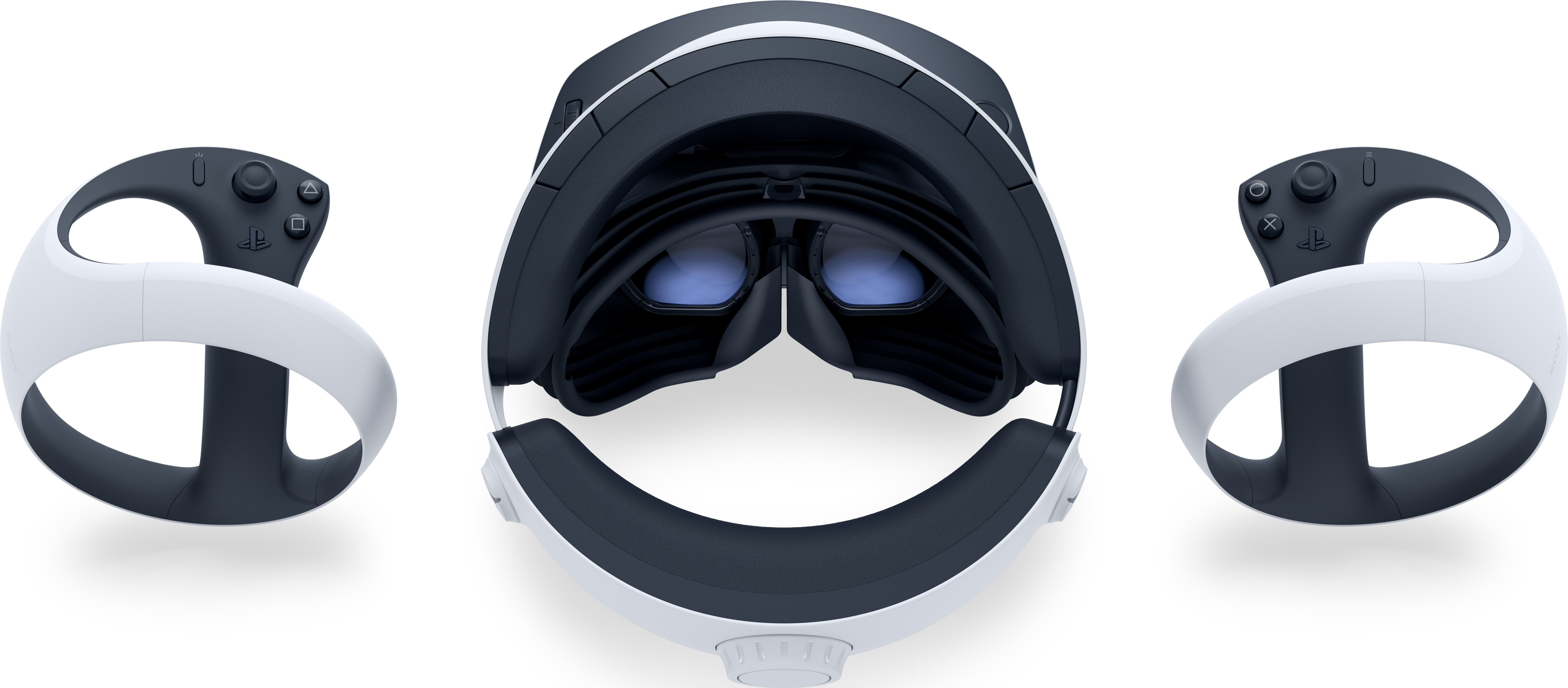 VR-Headset mit zwei Controllern. Weißes und dunkelblaues Design. Die Controller haben schwarze Joysticks.