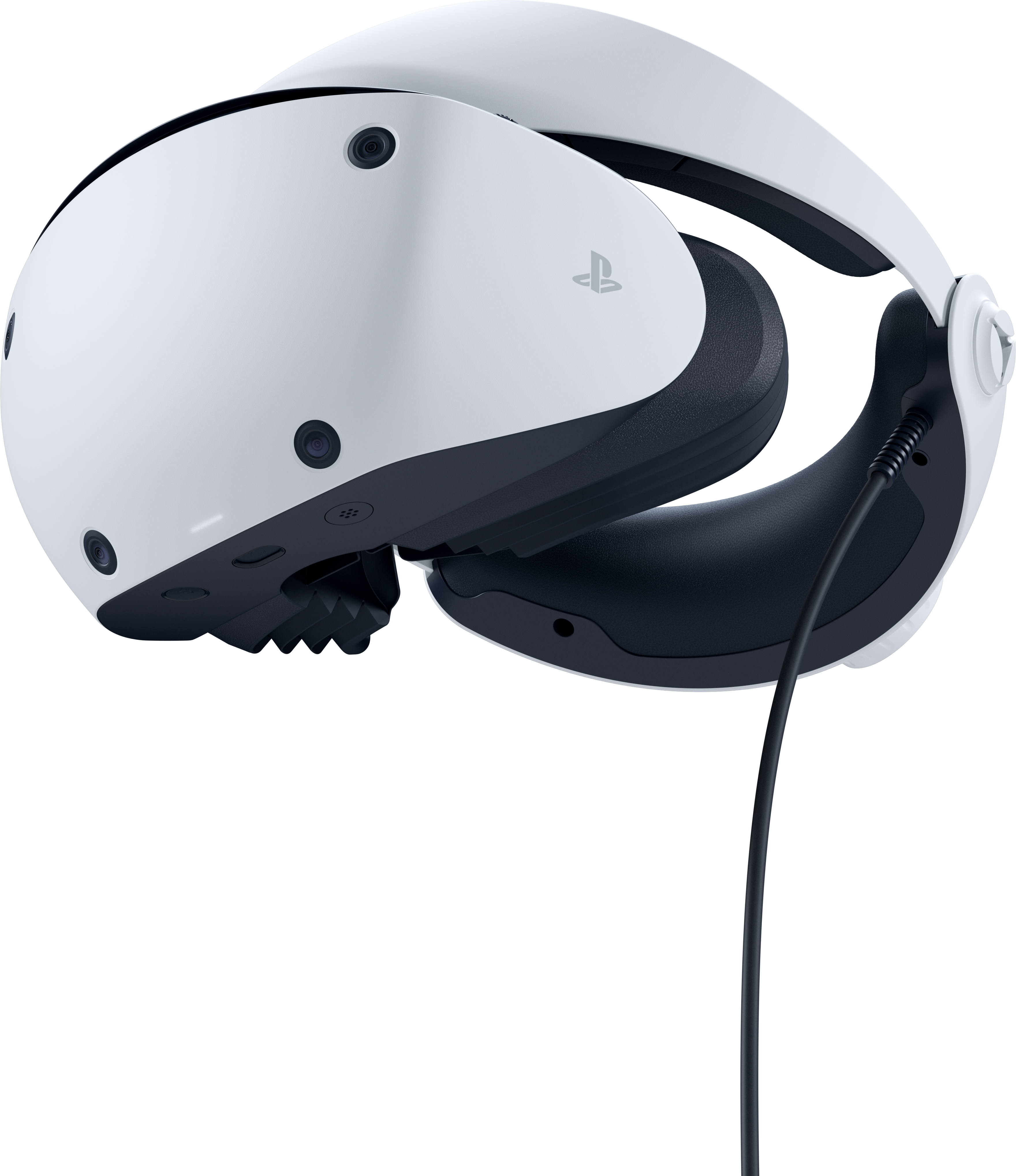 Weißes und dunkelblaues VR-Headset. Seitenansicht. Ein schwarzes Kabel ist am Gerät angeschlossen.