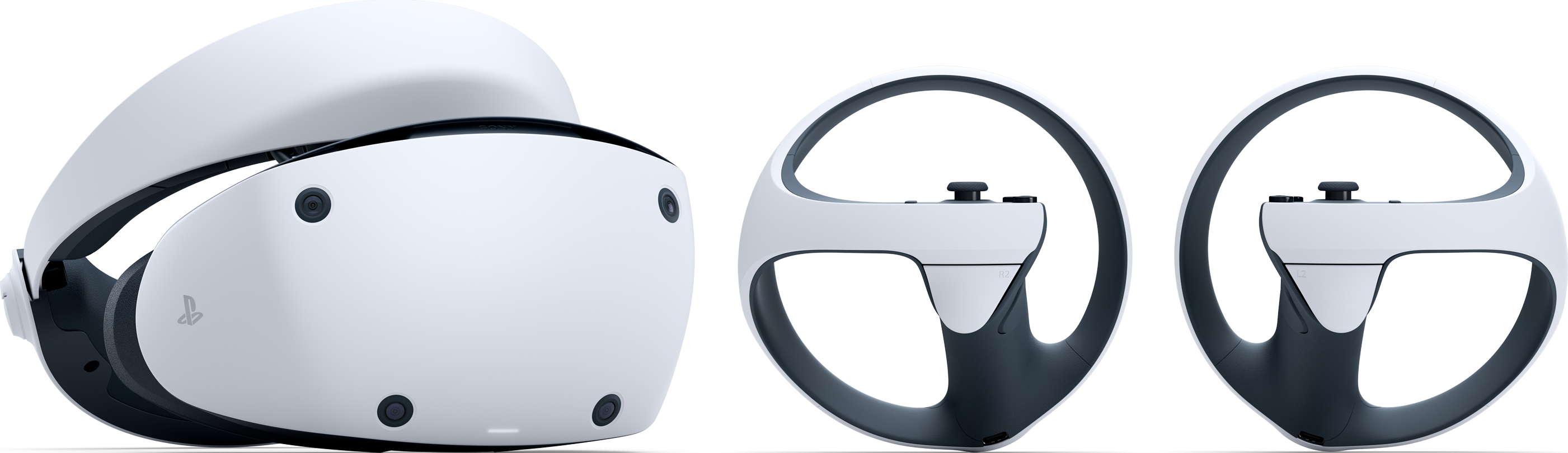 PlayStation VR2 Headset und Controller, weißes und schwarzes Design.