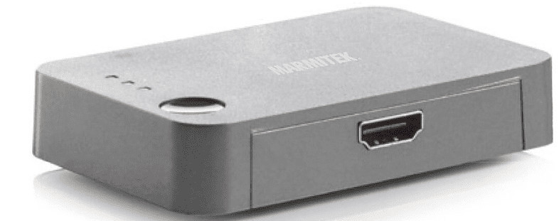 Een zilverkleurig, rechthoekig apparaat met een HDMI-poort en drie indicatielampjes.