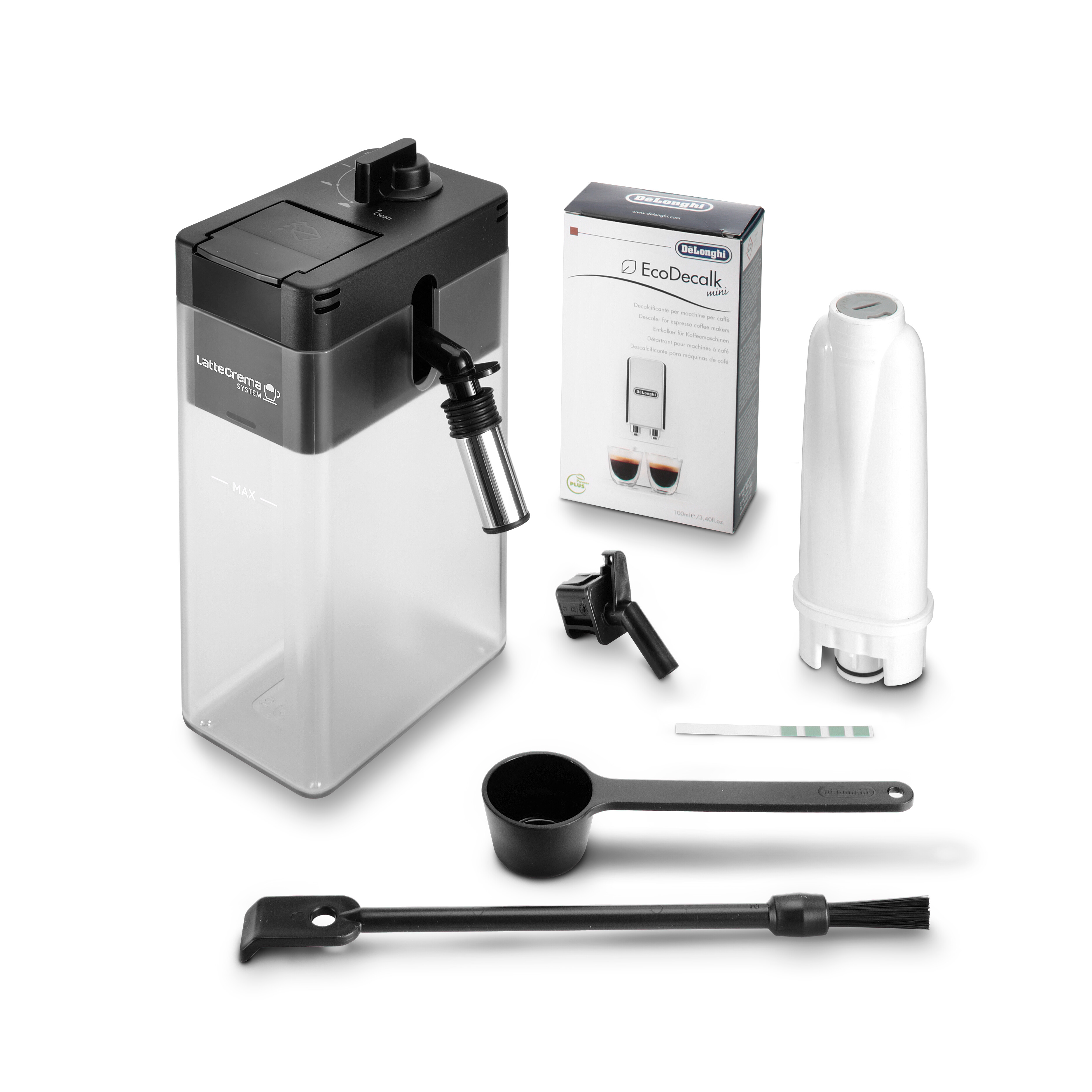Sortiment von Kaffeemaschinenkomponenten. Enthält einen Wassertank, Filter, Bürste, Schaufel und eine Entkalkungslösung.