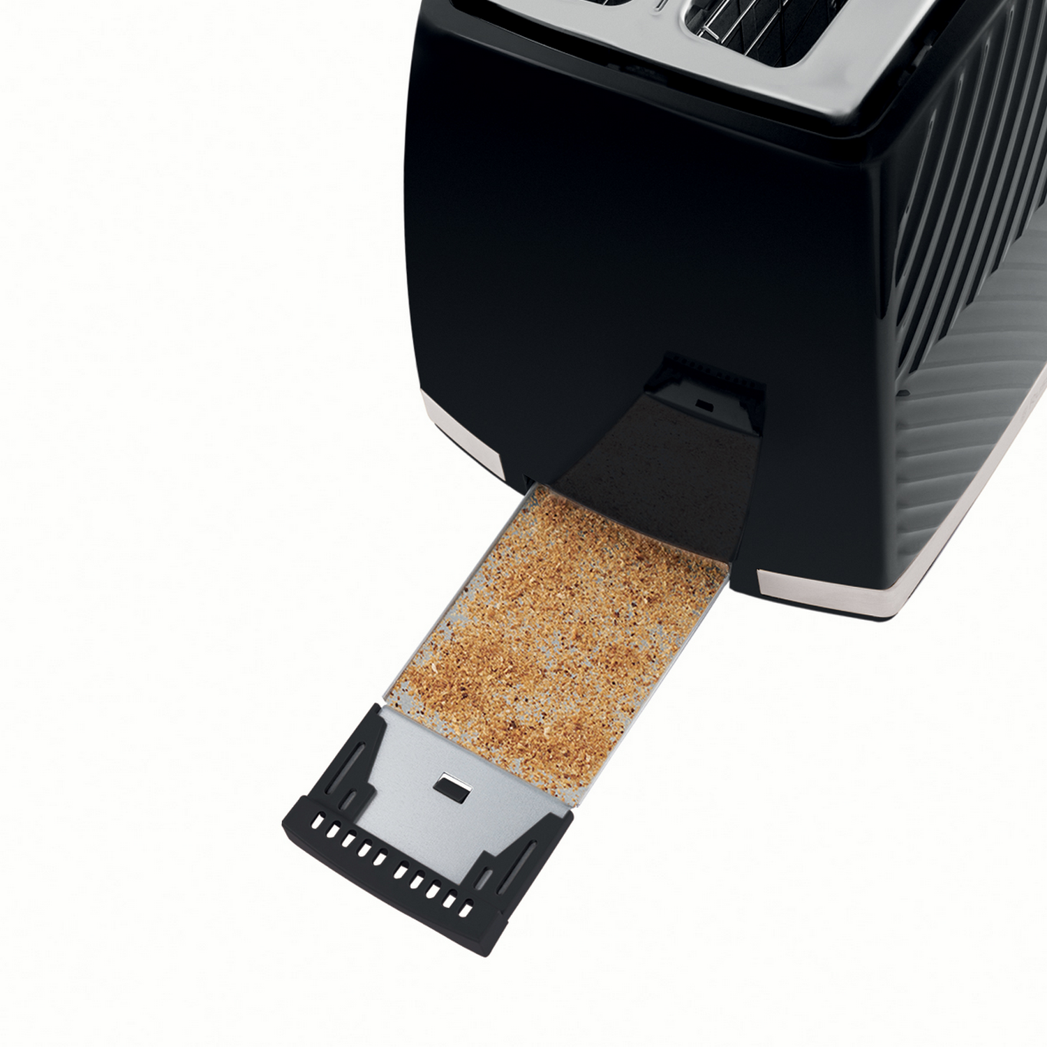 Black and silver toaster with crumb tray open.