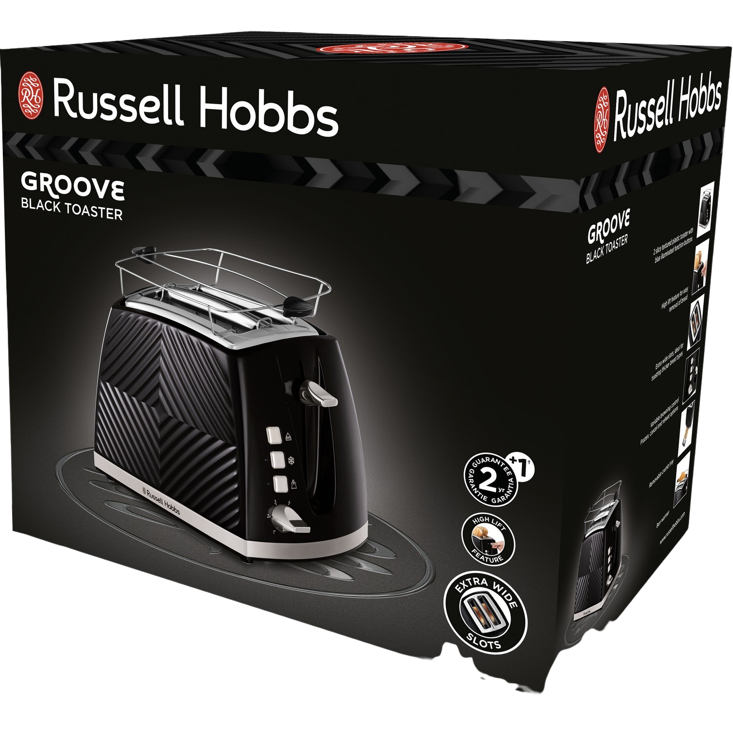 Russell Hobbs Groove black toaster in its box. The box shows images of the toaster, and its features on display.