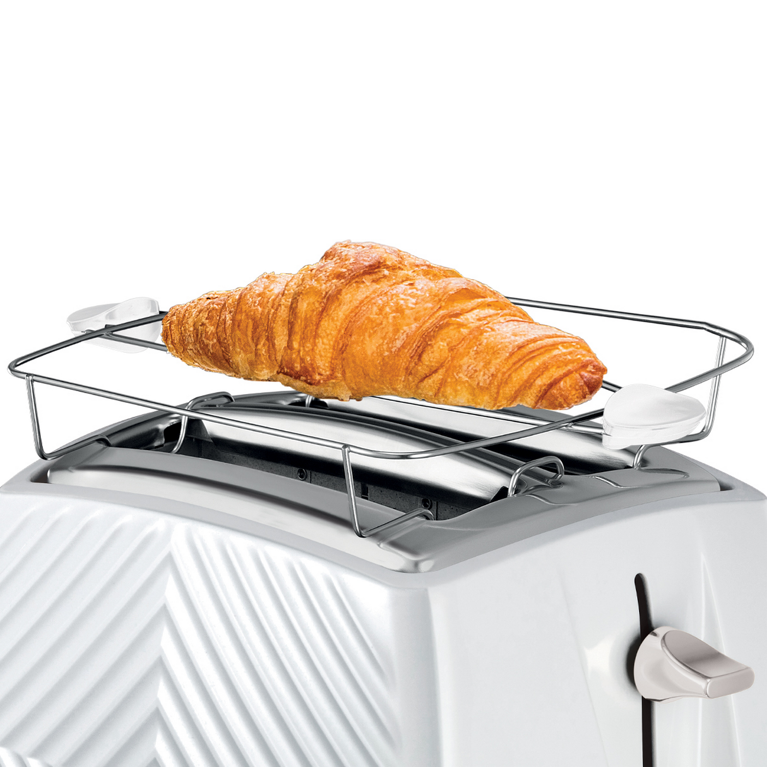 A white toaster with a croissant on a metal rack. The toaster has a white body and silver accents.