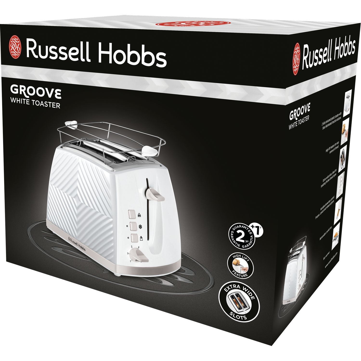 White Russell Hobbs Groove toaster in its box. The box is black with white text and images.