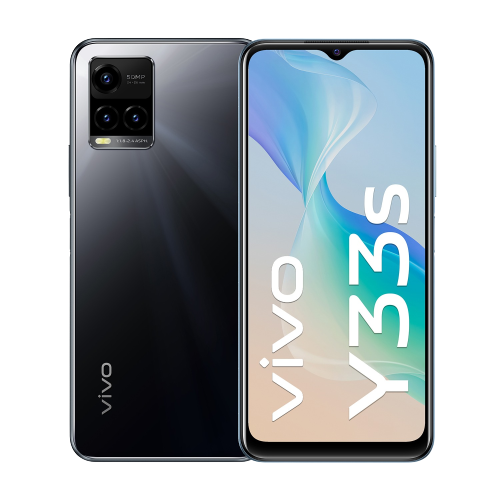 Ein Smartphone, hinten schwarz und vorne hellblau. Dualkameras sichtbar. Vivo Y33s steht vorne.