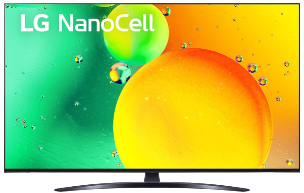 LG NanoCell TV auf einem Ständer, mit lebendigem Hintergrund und dem LG-Logo.
