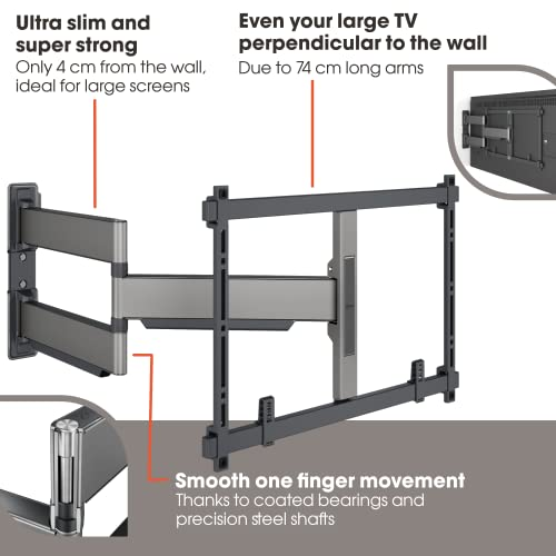 Un soporte de pared para TV con partes grises y negras. El texto resalta las características.