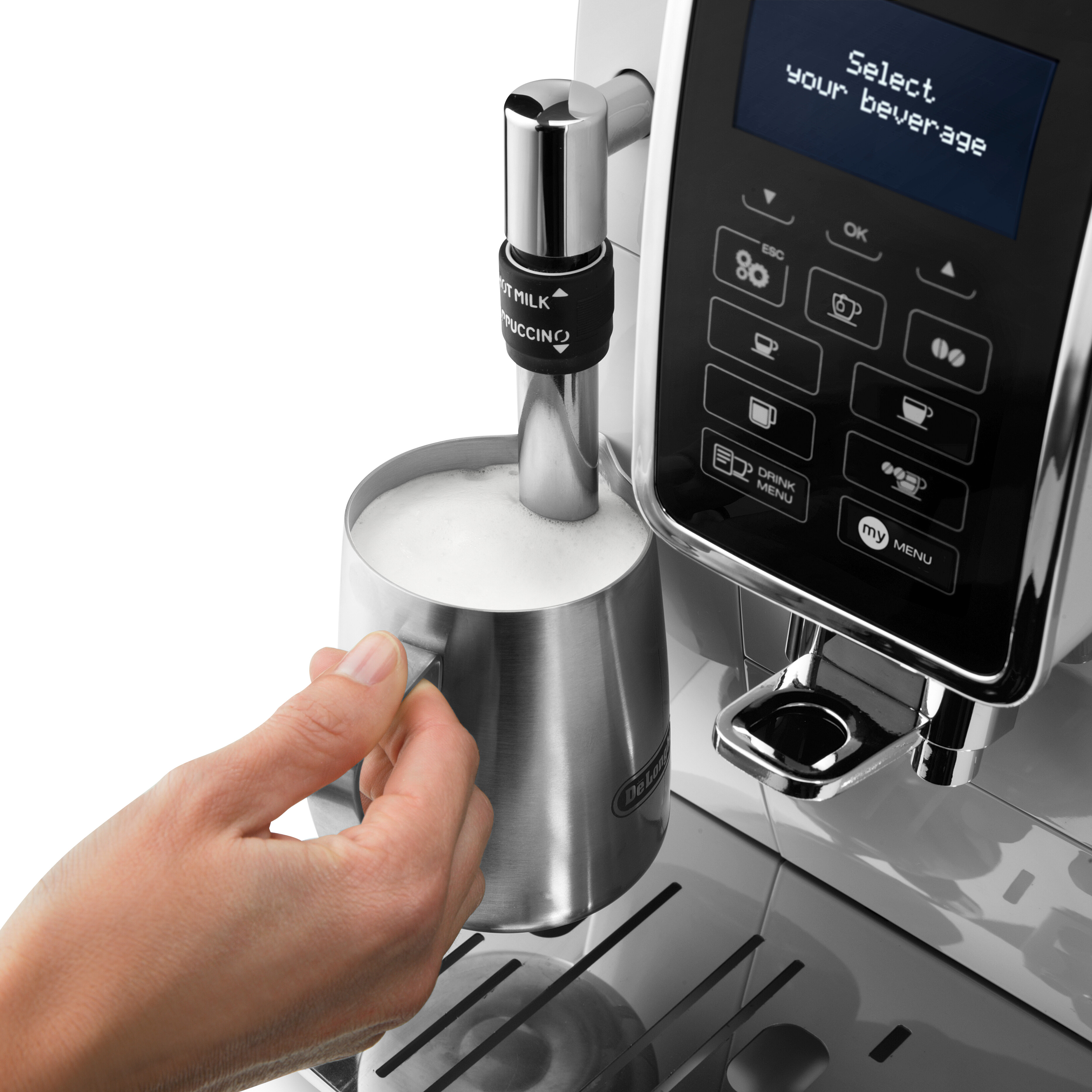 DE LONGHI ECAM350.35.W Dinamica Kaffeevollautomat (Weiß, Kegelmahlwerk, 15 bar, Dampfdüse)