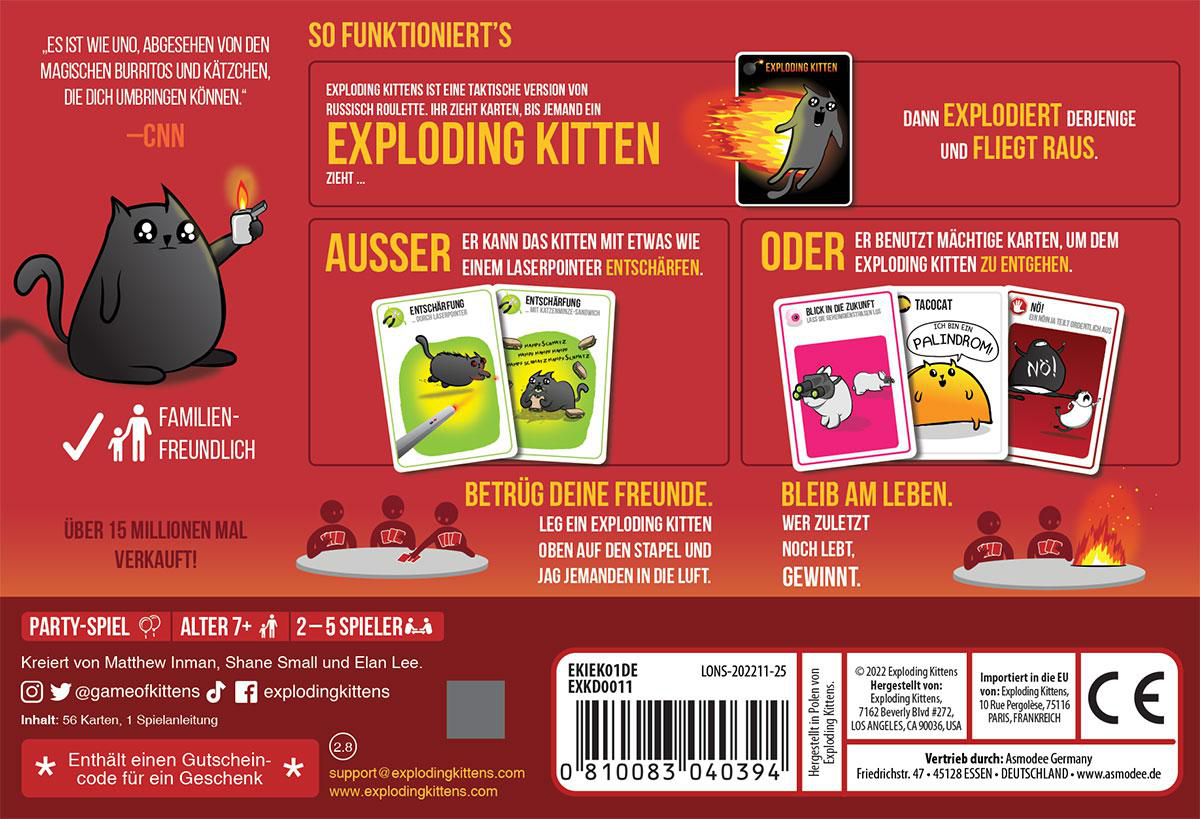 Box-Art für das Kartenspiel Exploding Kittens. Katzenzeichnung mit Text, Spielkarten und Anweisungen.