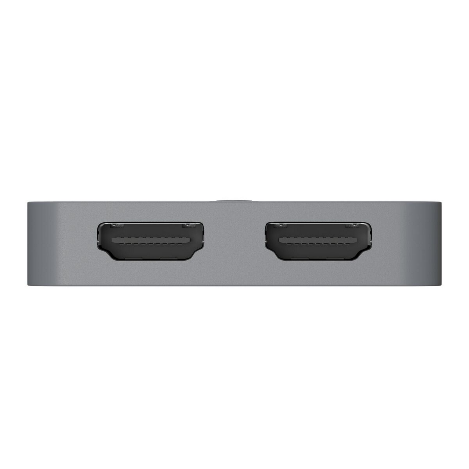 Gray, rectangular HDMI adapter with two HDMI ports. The ports are side by side.