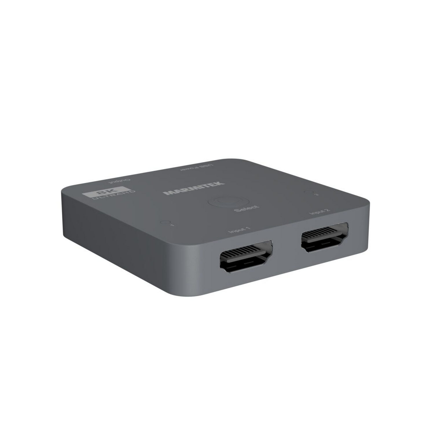 A gray HDMI switch with two input ports and a single output port.