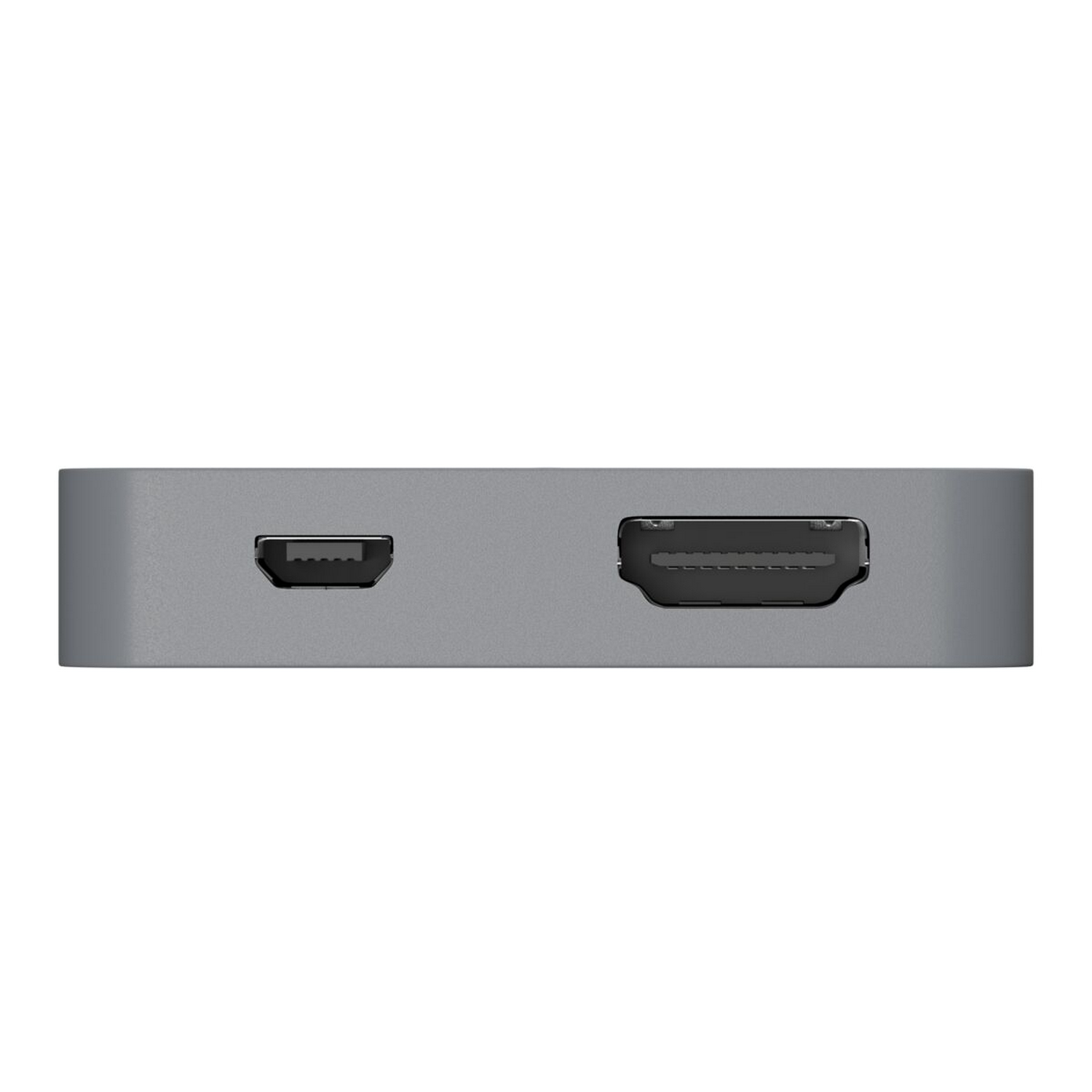 Close-up of a gray HDMI switch. Shows the ports for USB and HDMI.