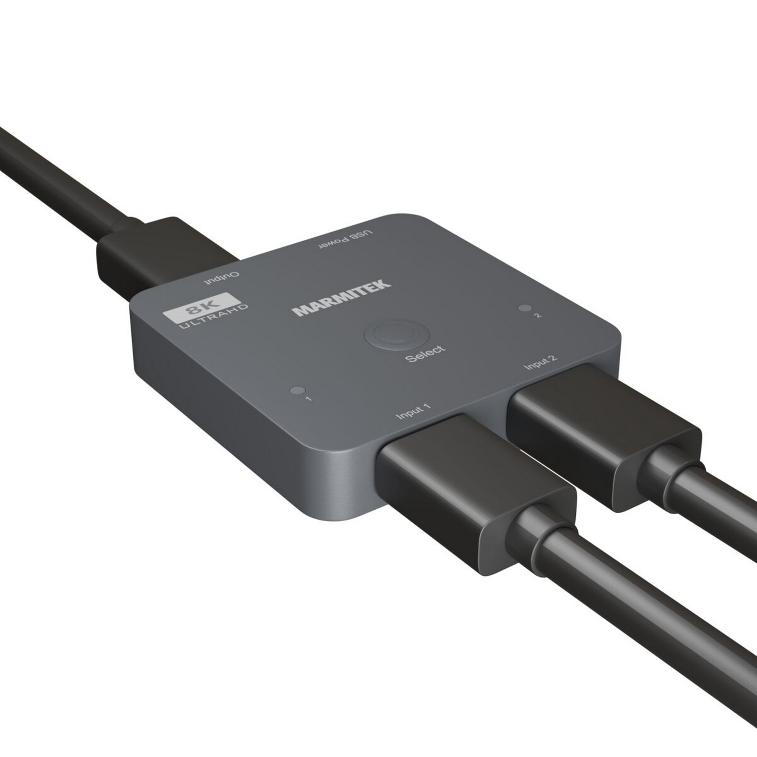 Gray 8K Ultra HD HDMI switch with two input cables and an output cable. Black cable are attached.
