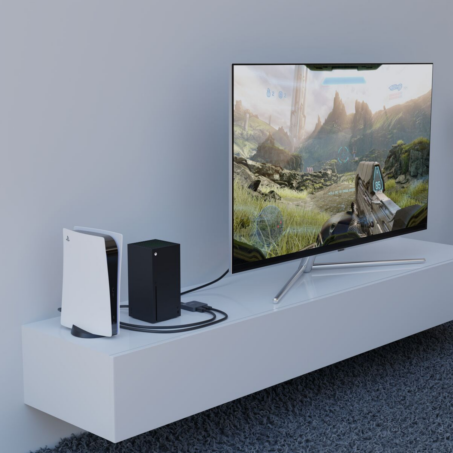 Gaming setup with a TV, a PS5, and an Xbox Series X. The TV displays a game.