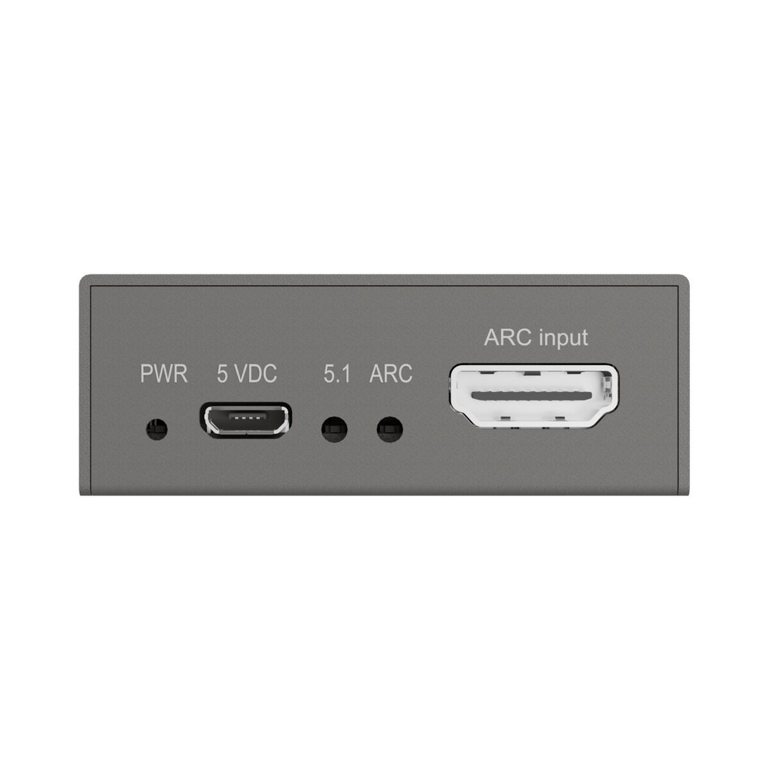 Gray box with ports: PWR, 5 VDC, 5.1 ARC, and ARC input.