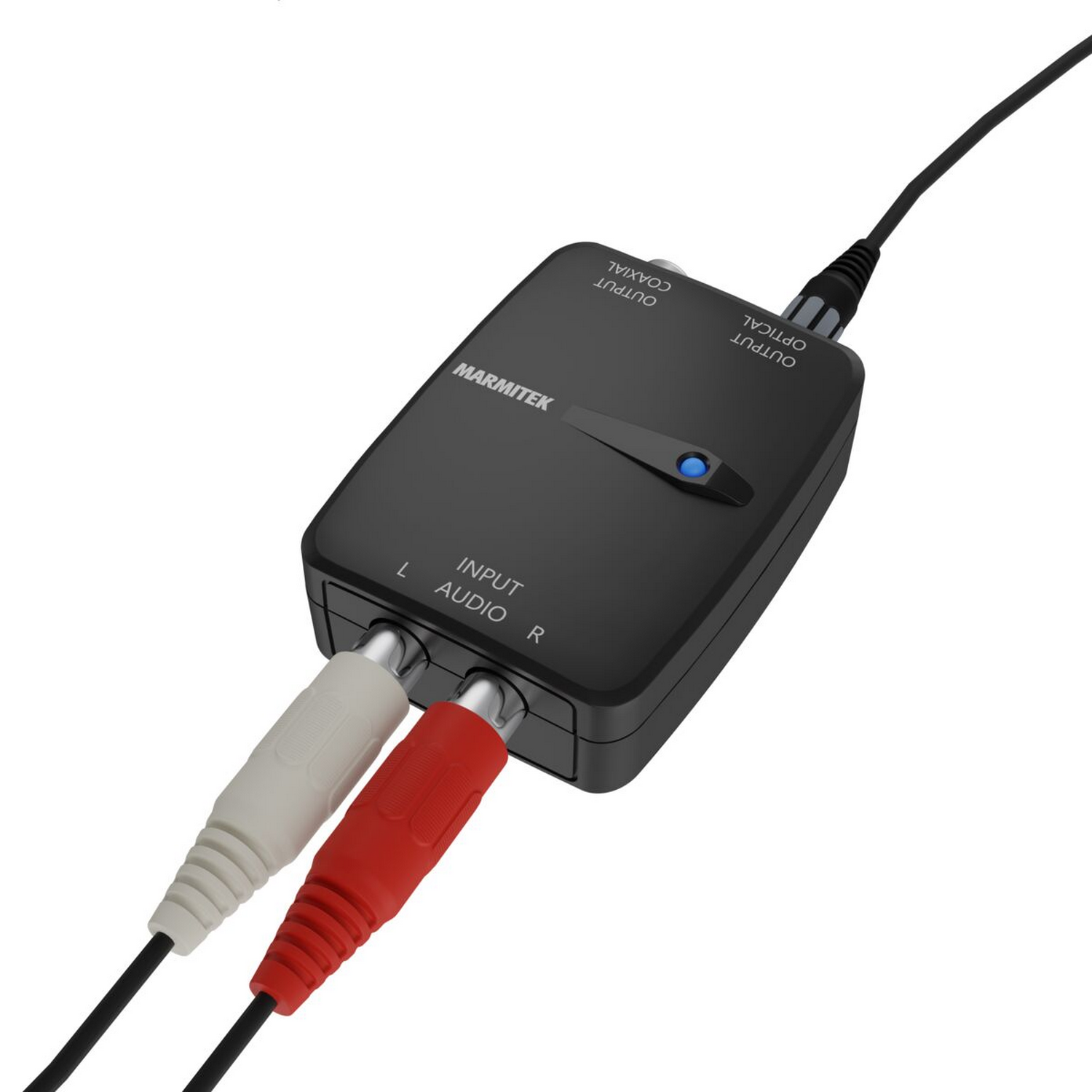 Black audio adapter with white and red audio cables and an optical cable. Marmitek label.