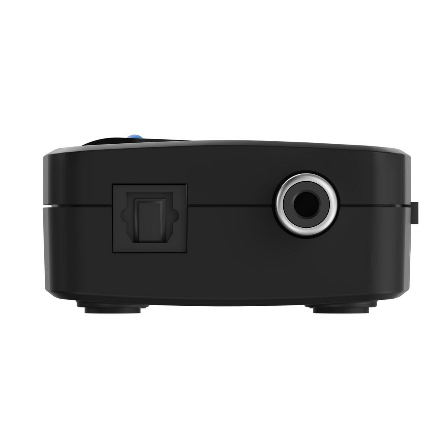 Black device, side view, with connector and socket. Blue light on the top, black background.