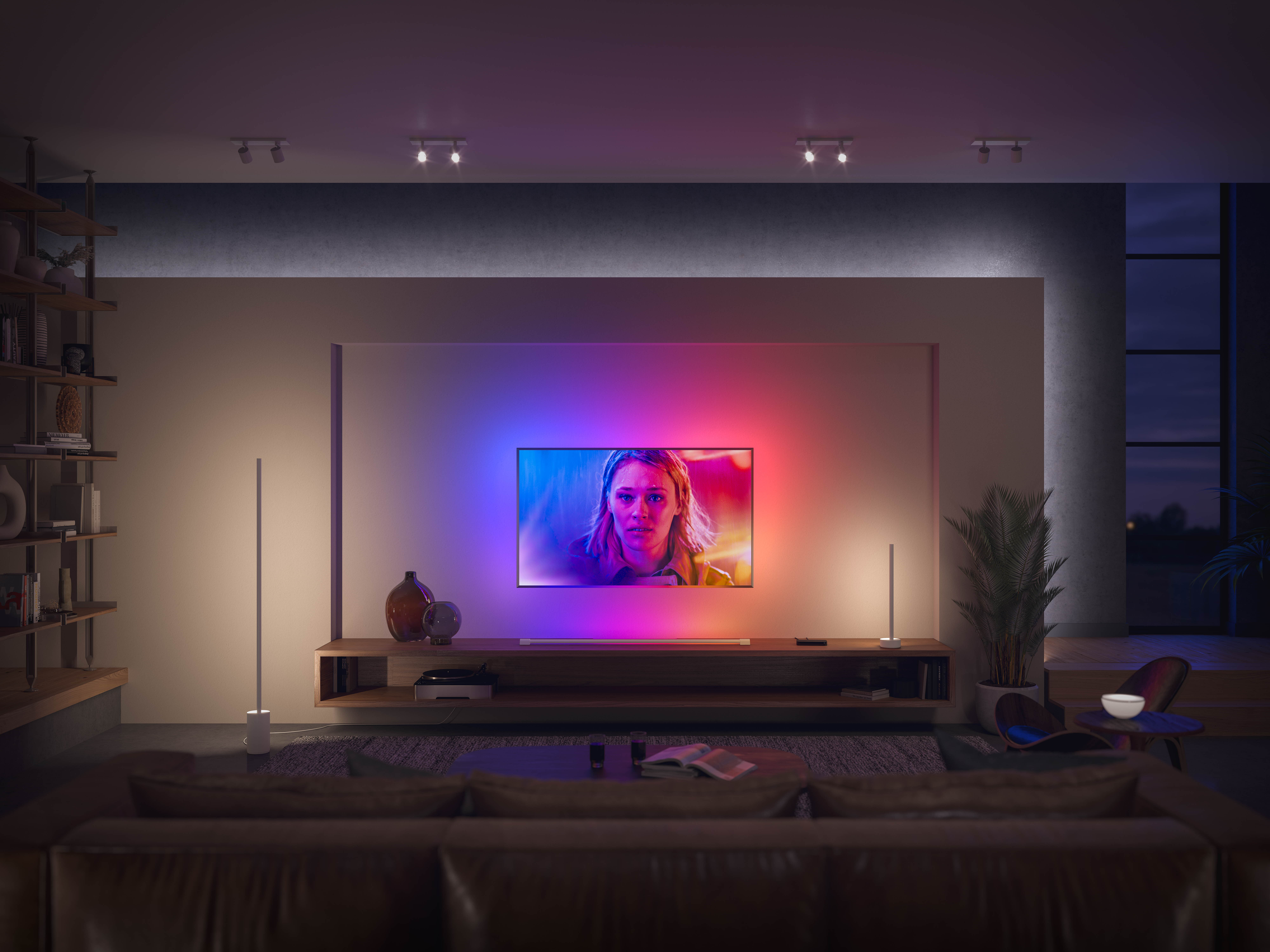 PHILIPS Hue Gradient Lightstrip 2m Basis + E27 White & Col. Amb. E27 1100lm Bundle 16 Mio. Farben, warmweiß, kaltweiß