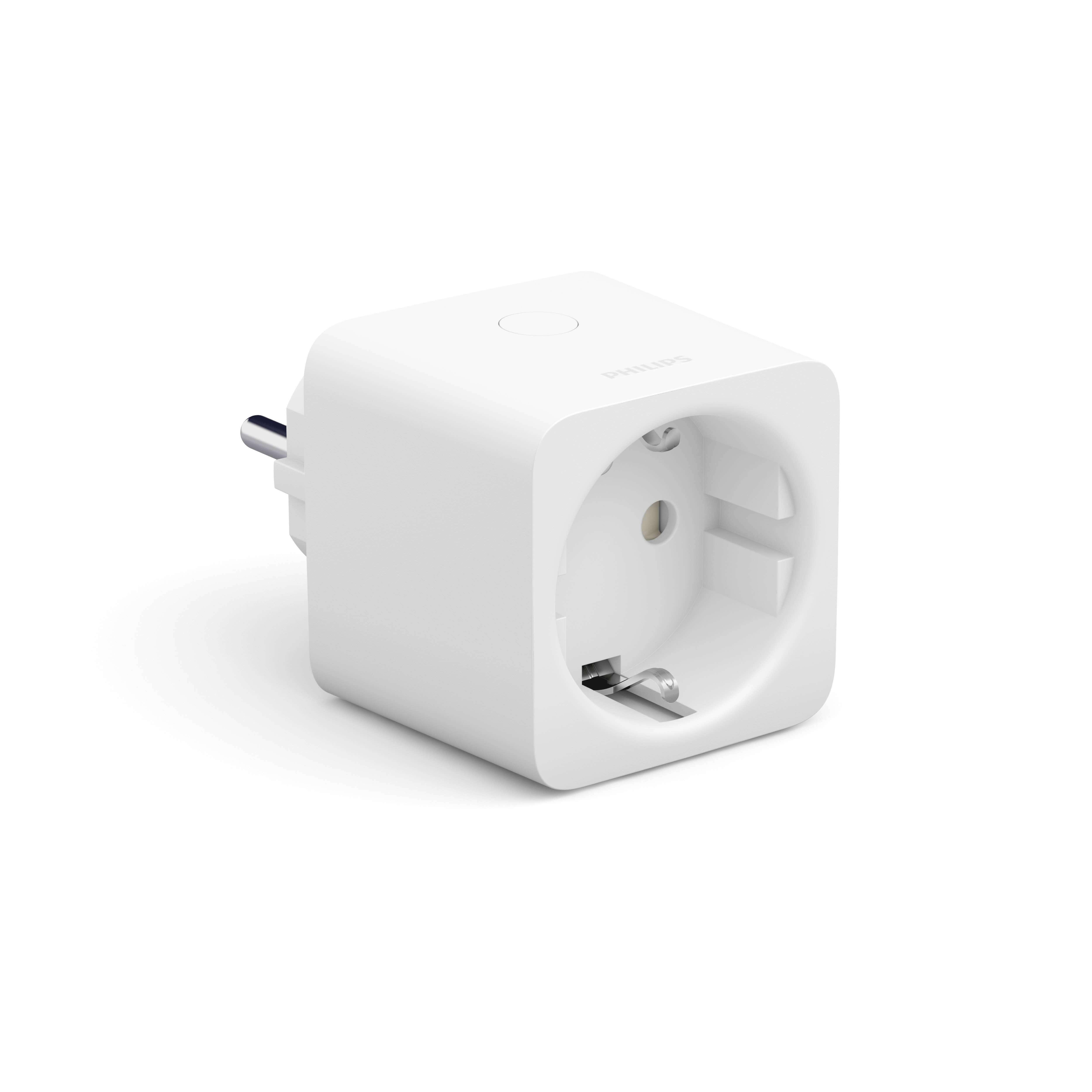 Ein weißer Philips Smart Plug. Es hat einen Stecker auf der einen und eine Steckdose auf der anderen Seite.