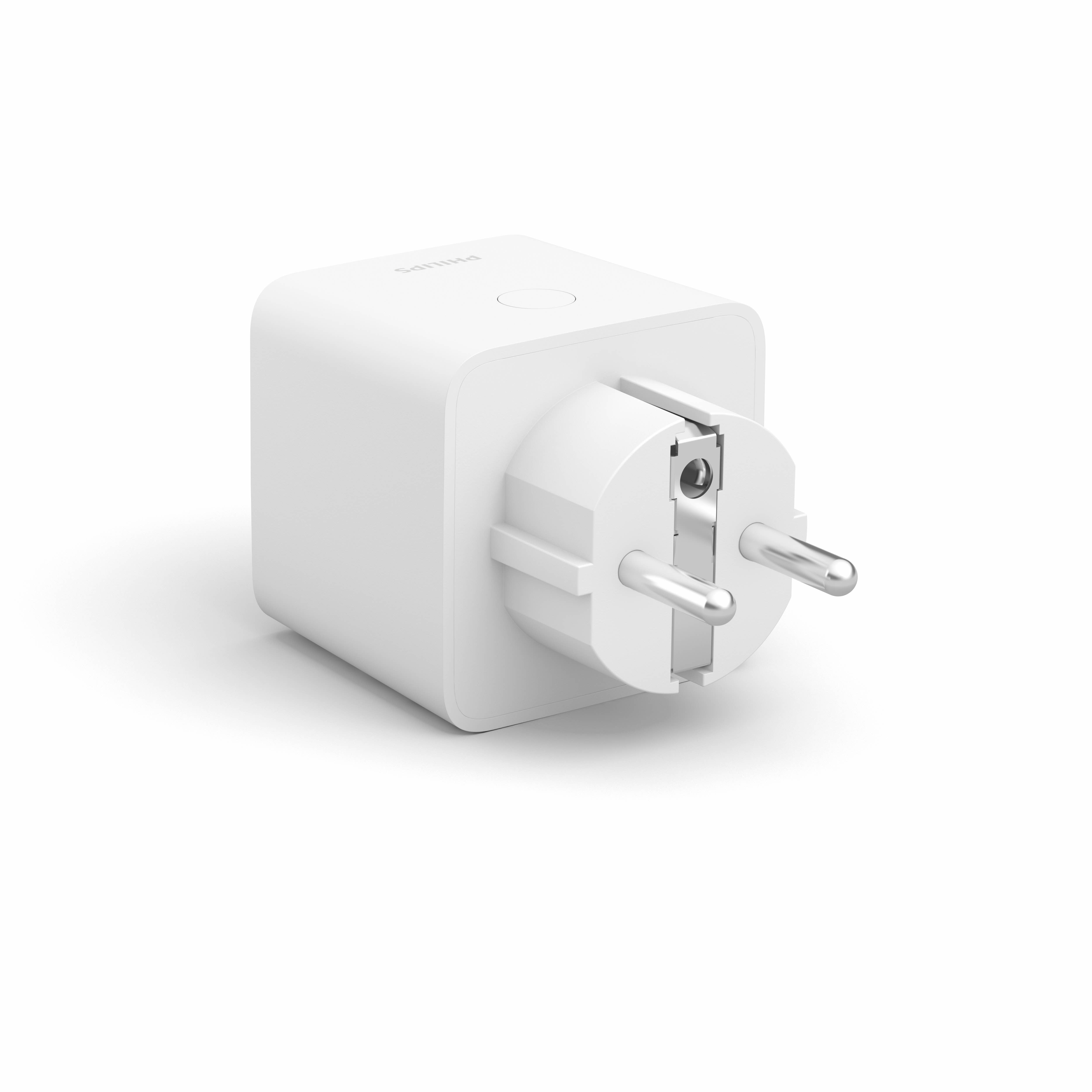 Weißer Smart-Stecker mit zwei Metallstiften. Der Stecker befindet sich auf weißem Hintergrund. Mit Philips-Logo.
