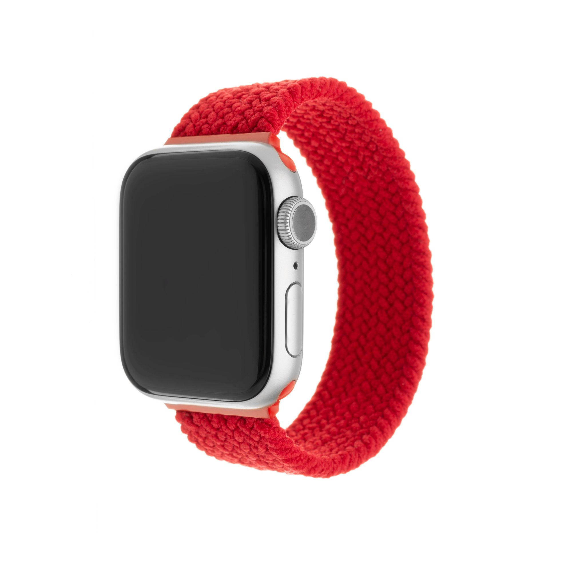 Ezüst Apple Watch piros kötött szíjjal fehér háttéren.