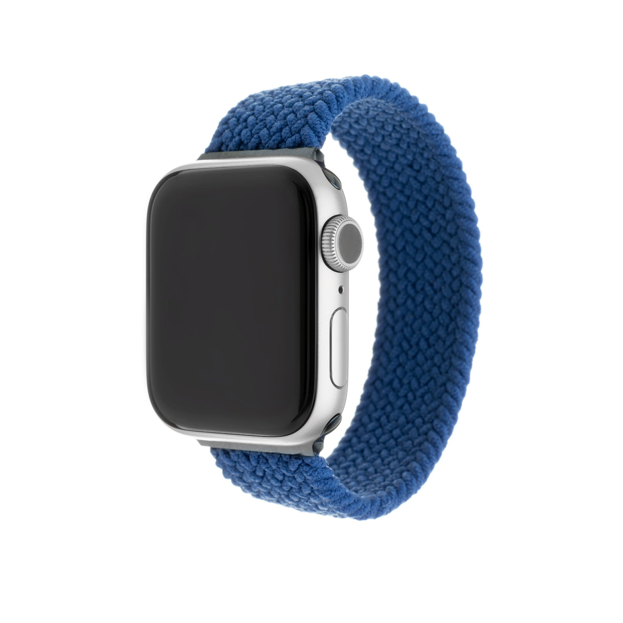 Kék óraszíj egy rozsdamentes acél Apple Watch-on.