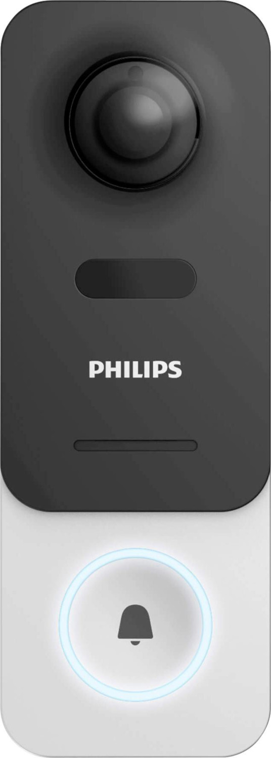 Philips video doorbell, black and white design, camera at top with a bell button.