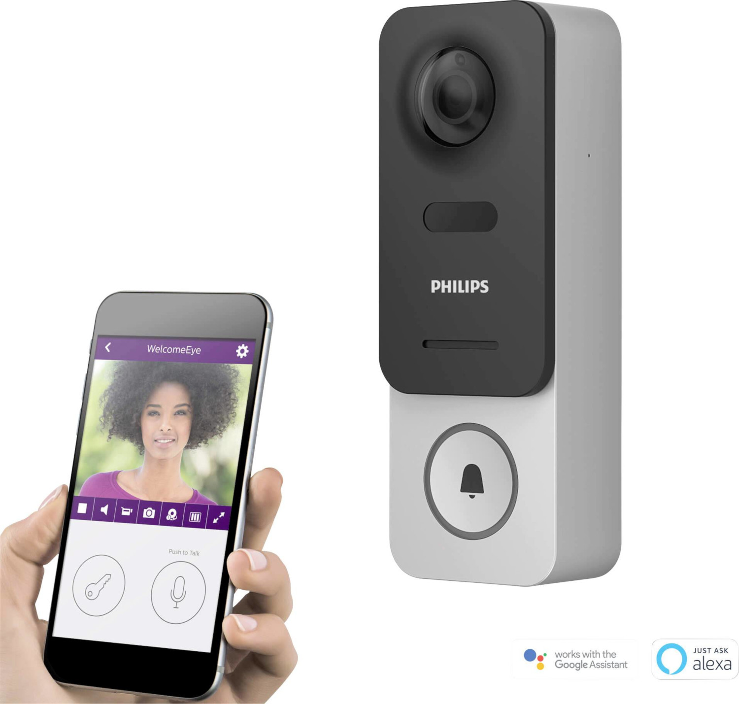 Doorbell camera and a smartphone displaying a woman's face.
