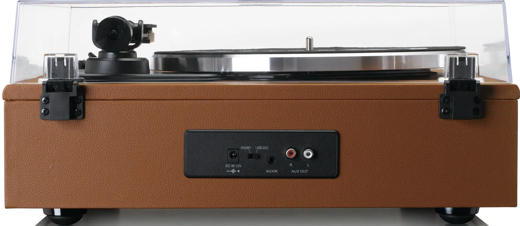 Brauner Retro-Plattenspieler mit klarer Abdeckung. Auf der Rückseite AUX- und Stromeingänge.