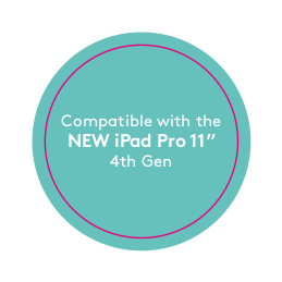 Un cercle turquoise avec du texte blanc indiquant qu'il est compatible avec le NOUVEL iPad Pro 11" 4e génération.