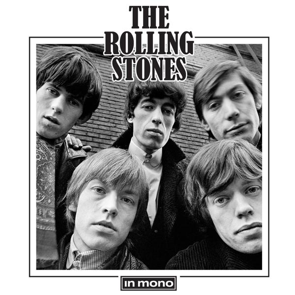 Pochette d'album. Cinq hommes en photo noir et blanc. The Rolling Stones en texte blanc en haut.