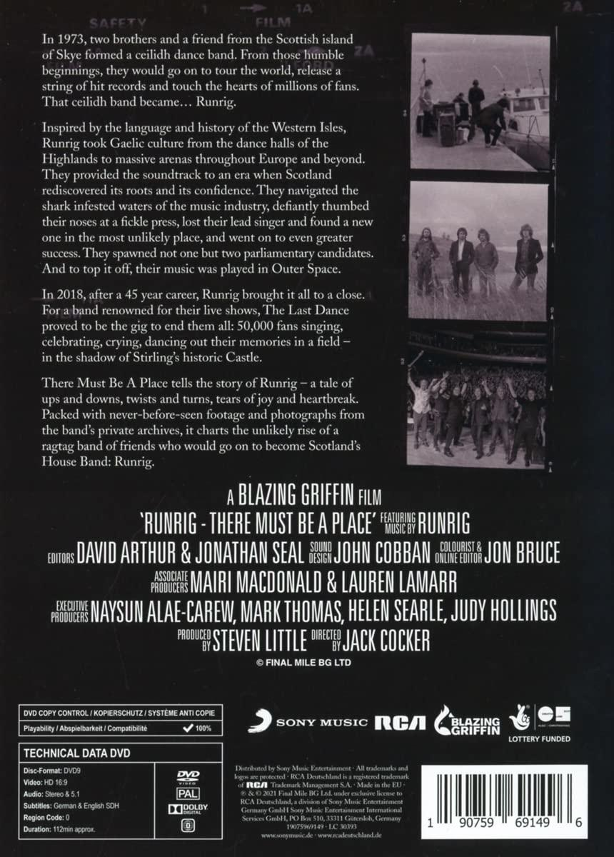 Rückseite der DVD-Hülle. Text beschreibt den Film 'Runrig - There Must Be A Place' und die Bandgeschichte.
